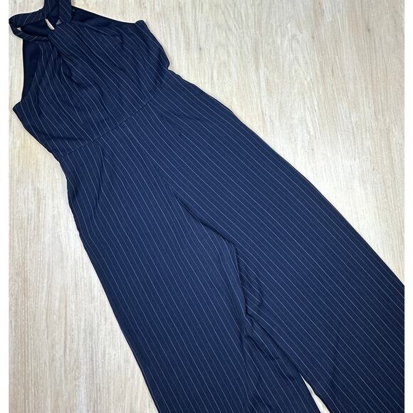 Julia Jordan Navy Pinstripe Twist Halter Business Casual Wide Leg Jumpsuit 12 - Picture 9 of 16